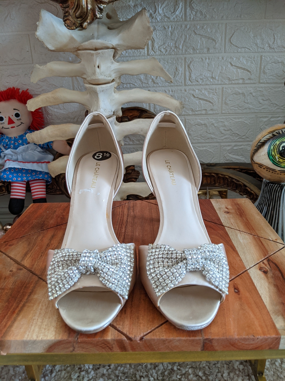 Le Chateau Women's Crystal Bow Open-Toe Heels in Nude